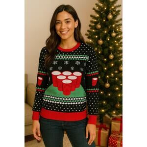 NWT Tipsy Elves Women's Beer Pong Ugly Christmas Sweater Black Red Size XL